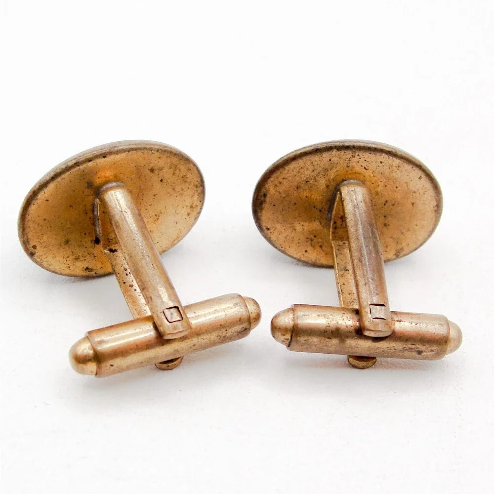 Vintage Gold Tone Blue White Swirl Glass Oval Cufflinks Retro MCM Classic